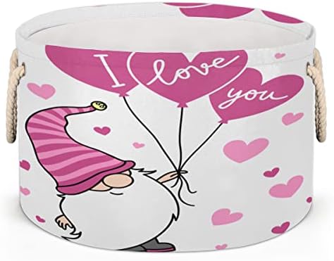 Valentine Gnomos fofos adoram coração grande cestas redondas para cestas de lavanderia de armazenamento com alças