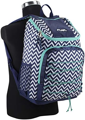 Backpack de esportes de boca larga de combustível com bungee frontal e bolso técnico interno, acabamento de impressão/azul de azul/branco de espuma profunda