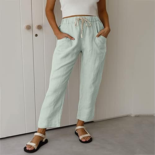 Calças de linho de algodão feminino Alta cintura acionada solta calça casual com bolsos Cappris de verão para mulheres