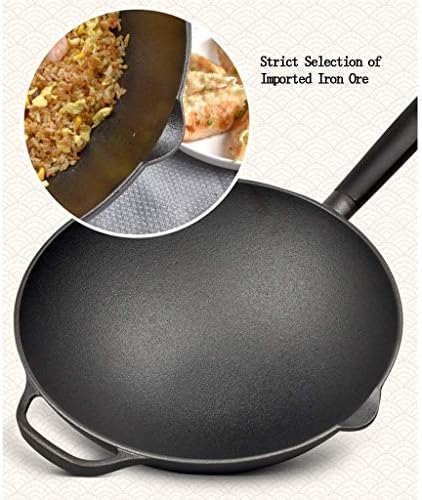 Gydcg redondo inferior wok-fundido wok de ferro fundido, woks artesanais e frigideiras de frito com alça de fundo liso non stick panela de panela durável