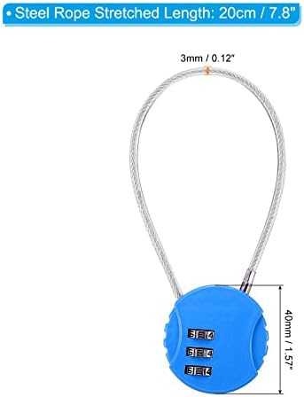 Bloqueio de combinação de patikil 8 polegadas, 3 pcs 3 dígitos Código de código à prova d'água ao ar livre com corda de arame para bagagem mochila da caixa de ferramentas de ginástica, azul brilhante