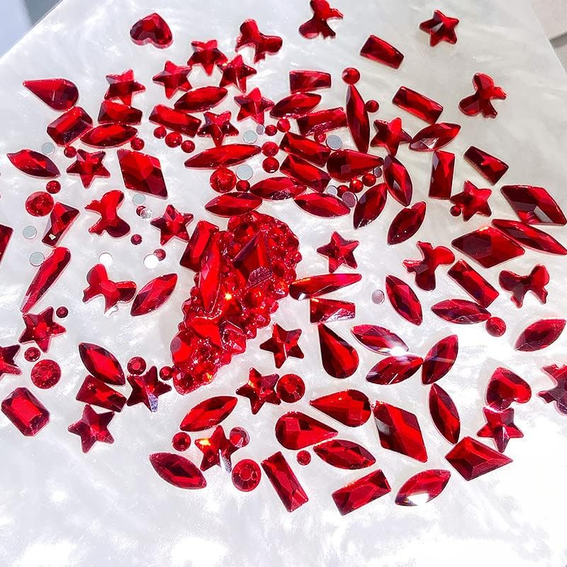 Yawall grandes strass exclusivos, cerca de 100 pcs de strass vermelho para unhas ， Mistura Multi Mix Pedras de unhas de costas planas, jóias de unhas de unhas de diamante 3D para unhas para decoração de unhas Diy Craft （Red/100pcs)