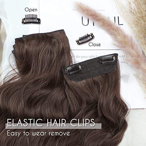 Extensões de cabelo castanho escuro longas clipes sintéticos ondulados em extensões de cabelo 4pcs grossa de cabelo dupla para mulheres de cabeça cheia 20 polegadas