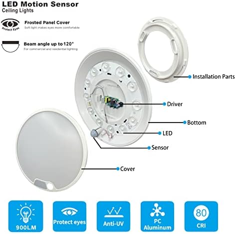Sensor de movimento do Cammile Luz de teto LED 12W 900LM, luminária redonda de montagem em montagem nivelada de 9,6 polegadas para interno/externo,