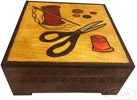 Caixa de costura decorativa de madeira esculpida em madeira feita à mão