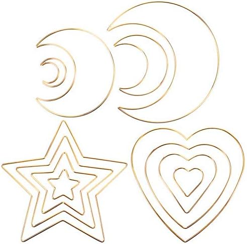 12 peças variadas 4 tamanhos Moon estrela em forma de coração Dream Acanting Rings MacRame Gold Metal Hoops for Floral Wreath Wall Halling