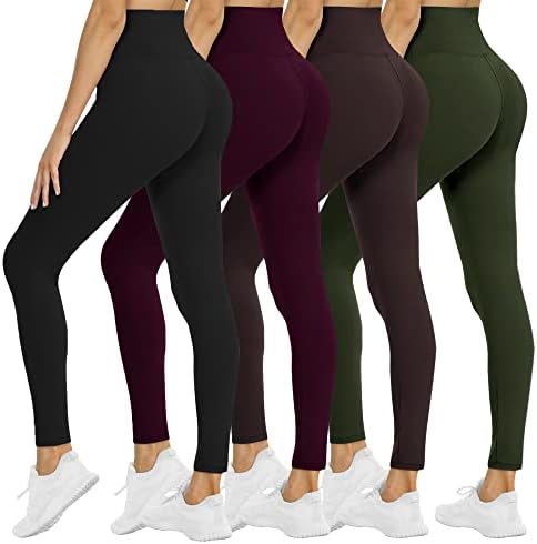 4 Leggings de embalagem para mulheres - Controle de barriga de cintura alta Soft Sem transparir calças de ioga preta para treino