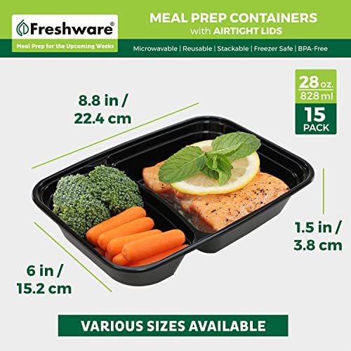 Recipientes de preparação para refeições Freshware [15 pacote] 2 compartimento com tampas, recipientes de armazenamento