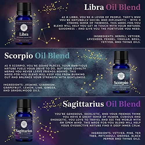 A coleção completa do Zodiac Essential Oil Blends | Inclui Áries, Touro, Gêmeos, Aquário, Câncer, Leo, Virgem, Libra, Escorpião,