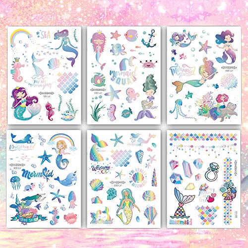 Ooopsi Mermaid Party fornece tatuagens temporárias para crianças - 7 folhas grandes, mais de 100 estilos de brilho, favores de festas