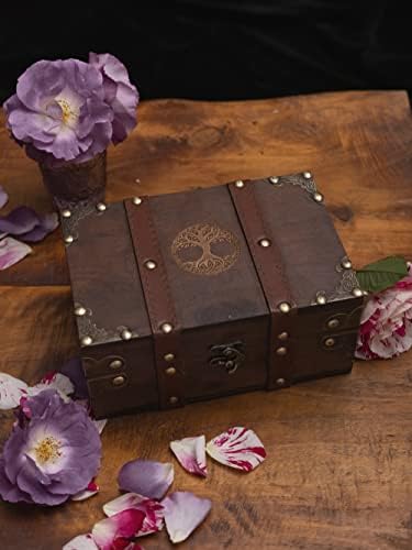 Caixa de madeira de madeira e couro Vuagmiv, caixa de madeira gravada na Árvore da Vida com forro de veludo, material