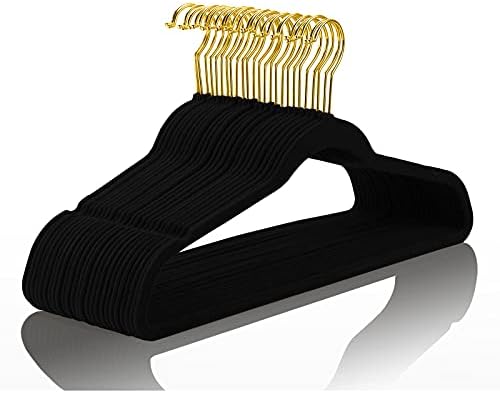 Mizgi Premium Velvet Pack 50 Pcs Heavyduty - Non Slip Slimline - Cabides de terno de veludo preto - ganchos de ouro, cabides
