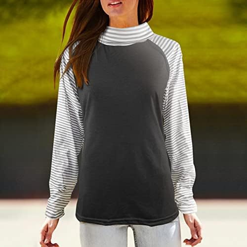Sorto Pimoxv para mulheres moda moda casual manga comprida tops de túnica de pescoço listrado sólido listrado bloco de algodão