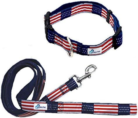 American Flag Plaid Dog Collar and Leash Set com fivela de liberação rápida vem em 4 tamanhos - colarinho e colarinho macio, confortável e ajustável para cães médios e grandes -