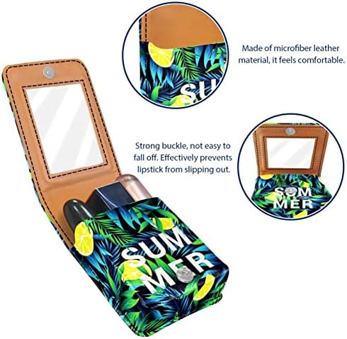 Estojo de batom de maquiagem de folhas de verão verde tropical com espelho para bolsa | Bolsa cosmética com espelho
