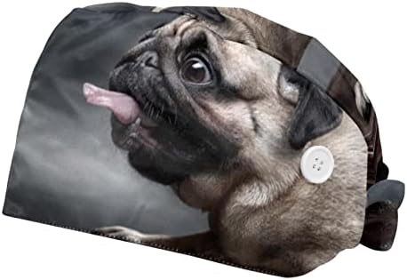 Rieodkfmhd 2 pacotes fofos pug e cachorro padrão de cão tampa de trabalho ajustável com botão, fita de suor de chapéu de trabalho