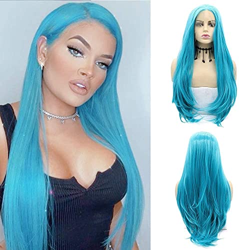 Kalisa Blue Lace peruca longa e reta Blue parte média renda peruca frontal sintética azul claro gordo natural peruca resistência a calor de fibra de fibra de cosplay perucas para meninas mulheres 24 polegadas