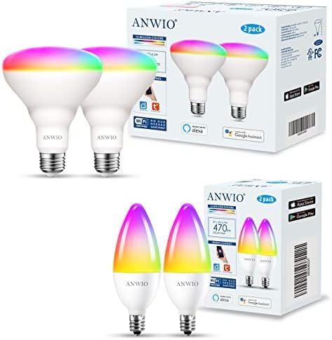 ANWIO BR30 LUZ SMART LUZ 2, B11 Smart LED Bulbs, trabalho com Alexa, Google Assistant, Smart Life App, Tuya App, Mudança de cores,