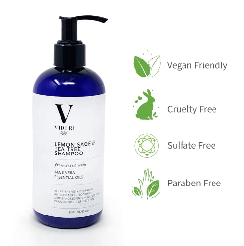Videri Lemon Sage & Tea Tree Shampoo - Melhor para cabelos secos e couro cabeludo. Hidrato com óleos essenciais, aloe vera e antioxidantes. Interior do aroma cítrico fresco. Sulfato e parabeno livre, vegano, grande 12 fl oz