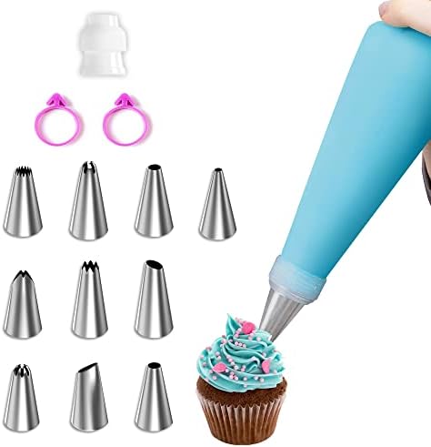 Saco de tubulação reutilizável e dicas reutilizáveis ​​do riccle - Saco de cobertura de silicone forte e pontas - kit de tubulação de confeiteiro ideal de 1 saco de pastelaria reutilizável, 1 acoplador, 10 pontas de cobertura e cobertura com 2 laços de bolsa