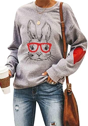 Yming Womens Dia da Páscoa Rabbit Prinha moletom de manga longa Bunny Bunny Casual Sleouch Campa Tops Cursa Cinza 3xl