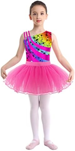 Oyolan Kids Girls Letard Dress Dress Mleesess impresso Bodysupositão com saias de tutu Fantasia de dança de balé de ginástica