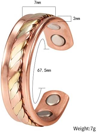 Wollet Tricolor Copper Magnetic Bracelet e anel para mulheres ou homens, pulseira de cobre com 8 ímãs, 16,5 cm, tamanho