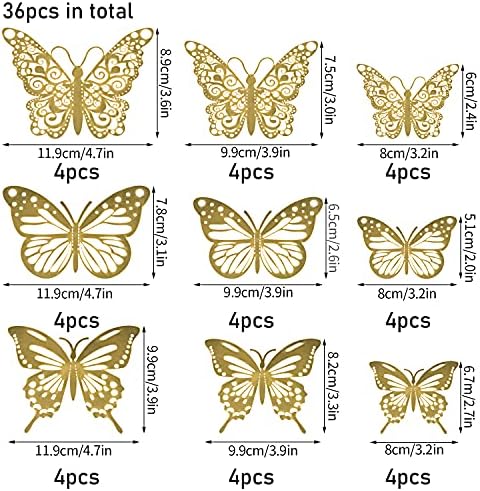 Decor de parede de borboleta de diyasy, 36 PCs Gold 3D Butterfly adesivos de adesivos para quarto, quarto, casamento e decoração