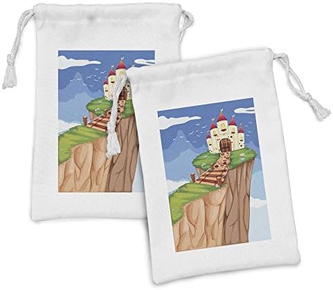 Conjunto de bolsas de tecido de desenho animado de Ambesonne de 2, Palácio de Fantasia Temática, à beira do Castelo de Mountain Peak, Small Saco de cordão para máscaras e favores, 9 x 6, multicolor