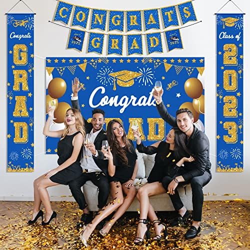 Decorações de festa de graduação 2023, azul de decoração de graduação em ouro 2023, tamanho grande parabéns parabéns decoração