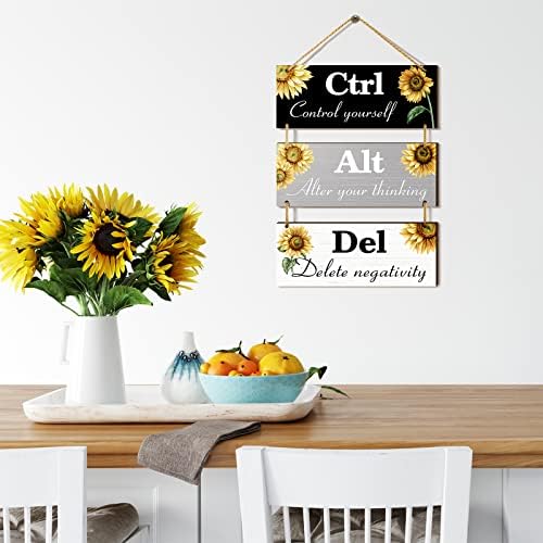Ferraycle Sunflower Office Wall Decor Summer Inspirational Signs Rustic Wooden Ctrl Alt Del Decor with Saying Hanging Motivational