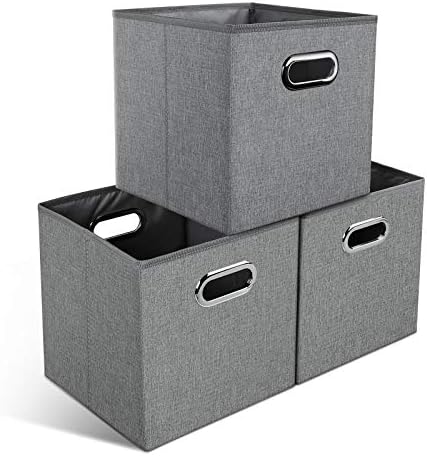 Yoofan 11x11x11 caixas de armazenamento dobráveis ​​-Caixas de cubos de armazenamento com alças de metal para prateleiras de armários Organizador de cubos, cinza, conjunto de 3