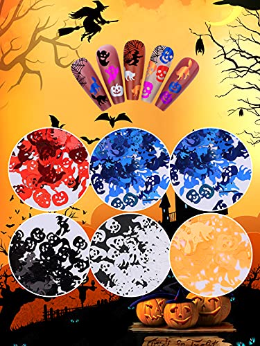 6 Caixas Halloween unhas de unhas Glitter lantejas, Torokom Holográfico a laser 3D Pumpkin Skull Ghost Confetti Glitter