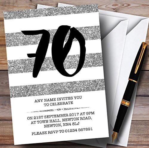 Glitter Silver & White listrado 70º convites de festa de aniversário personalizados