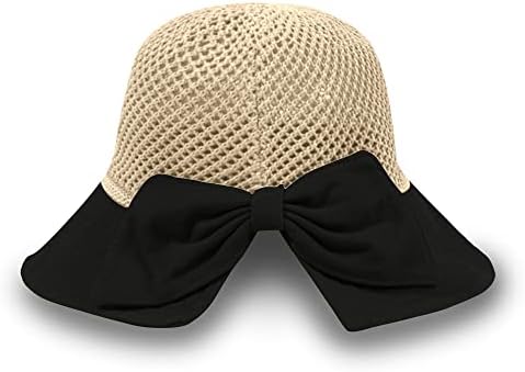 Chapéu de sol de palha para mulheres, limite de proteção UV de 50+ da aba upf com arco, chapéu de praia embalável dobrável com tira de queixo