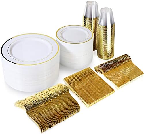 Conjunto de utensílios dourados de 600 peças - 200 placas plásticas brancas e douradas - Conjunto de 300 talheres de plástico de