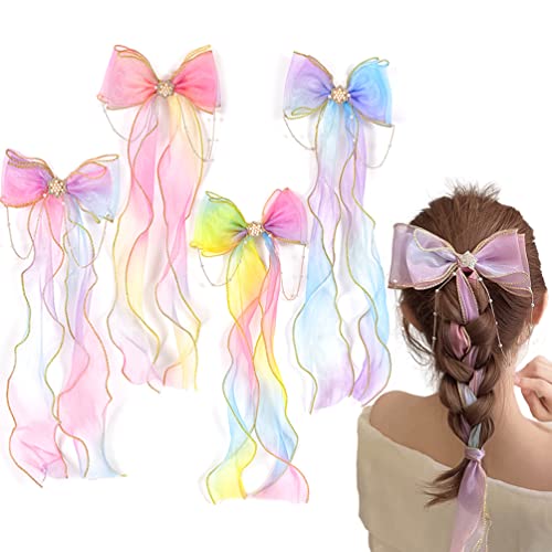 Arco de cabelo de fita colorido, 4 PCs Braided Bow com clipes fitas de arco -íris, clipes de arcos de cabelo com longa para meninas
