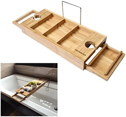 Bandeja de banheira de madeira, caixa de armazenamento de banheira ajustável de bambu, adequada para livros, telefones, tablets