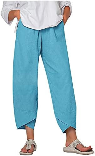 Calças de linho Y2K para mulheres da cintura média Capri Cropped Baggy Yoga Pants Boho Vintage Harem Trouser com bolsos