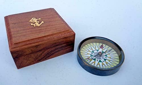Bússola de relógio bronze bússola náutica com caixa de madeira exclusiva de sobrevivência de sobrevivência Tool Compass
