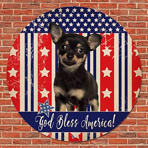 Engraçado redondo cão de animais de estimação metal sinal patriótico EUA bandeira de Deus abençoe a América da coroa de coroa