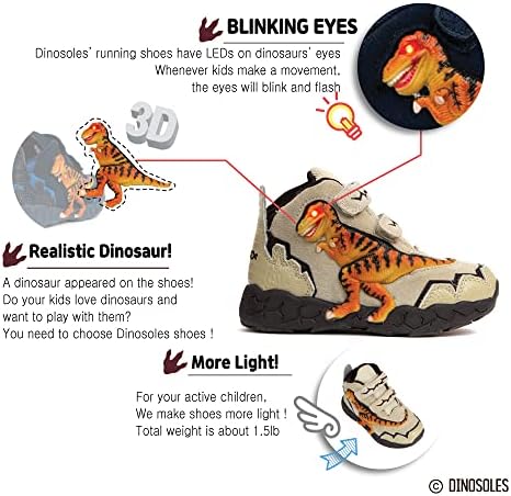 DINOSOLS 3D T-REX Flashing LED Sapatos de dinossauros Kids High-Top. Tênis leves para crianças. Crianças bronzeadas 13 tamanho.