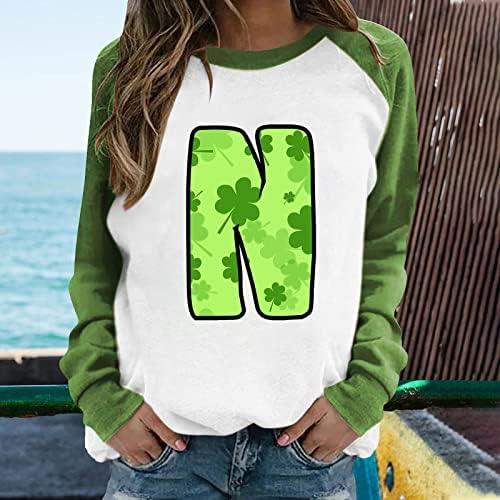 Sorto do dia de São Patrício para Mulheres Crewneck de Crewneck Block Color Block Clover Print Lango Top de Manga Longa