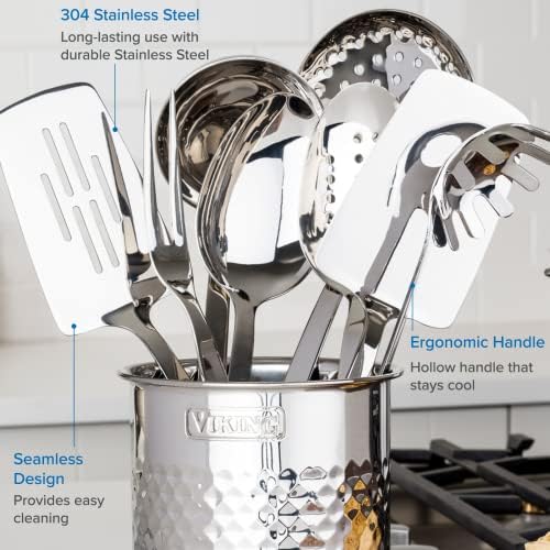 Viking Culinário 304 Conjunto de utensílios de cozinha em aço inoxidável, 8 peças, alças ergonômicas de estadia, lava-louças