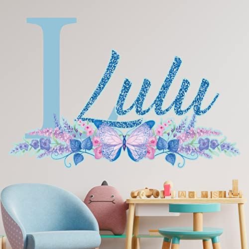 Glitter Nome personalizado Decalque de parede para meninas - Flores adesivos de parede de borboleta para meninas decoração