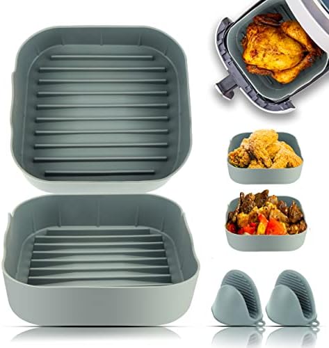 Air Fryer Liners Silicone 2 pacote, revestimentos de silicone de fritadeira de 8 polegadas incluem luvas à prova de calor, forros de fritadeira de silicone reutilizáveis ​​para 5.5qt ou maior, microondas seguras/antiaderentes