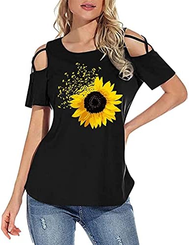 Mulheres de verão frias ombros frios tampas de estampa floral colheita de pescoço de pescoço casual camisetas de manga curta camisetas de túnica