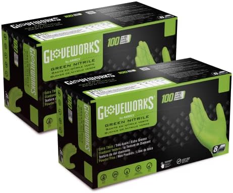 Gloveworks HD Green Nitrile Industrial Dispossable luvas, 8 mil, látex e textura de diamante elevada e sem alimentos, segura por alimentos