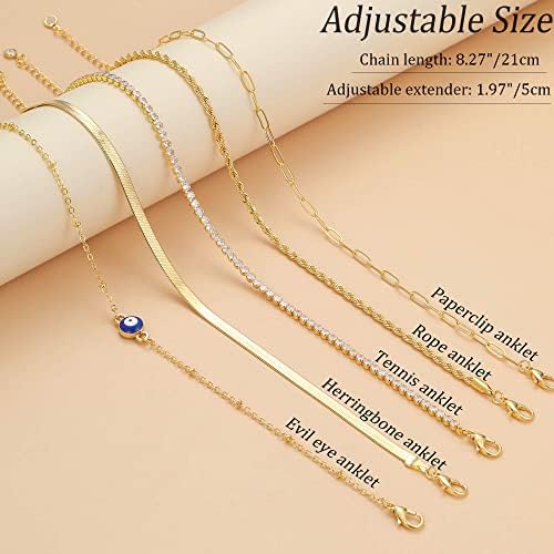 Pulseiras de tornozelo dourado para mulheres, 14k Gold Cuban Link Evil Eye Tornozeletes Conjunto para meninas adolescentes