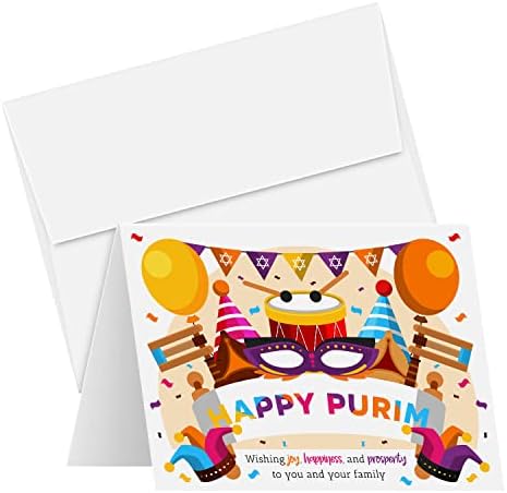 Happy Purim Greeting Cards, Hamantaschen festivo e colorido, design de grogger para saudações e presentes de férias judaicas religiosas e presentes | Tampa de 80 lb | 4,25 x 5,5 ” - em branco dentro | 25 por pacote